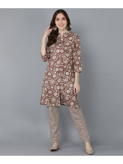 Cotton Printed Straight Kurta Set (Brown)