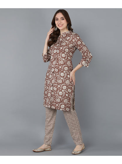 Cotton Printed Straight Kurta Set (Brown)