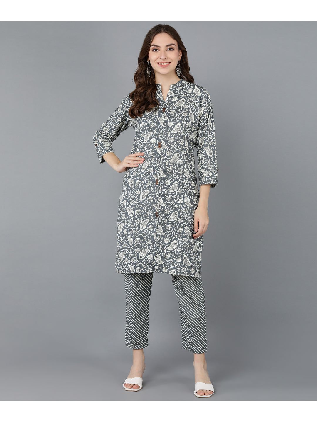 Cotton Printed Straight Kurta Set (Grey)