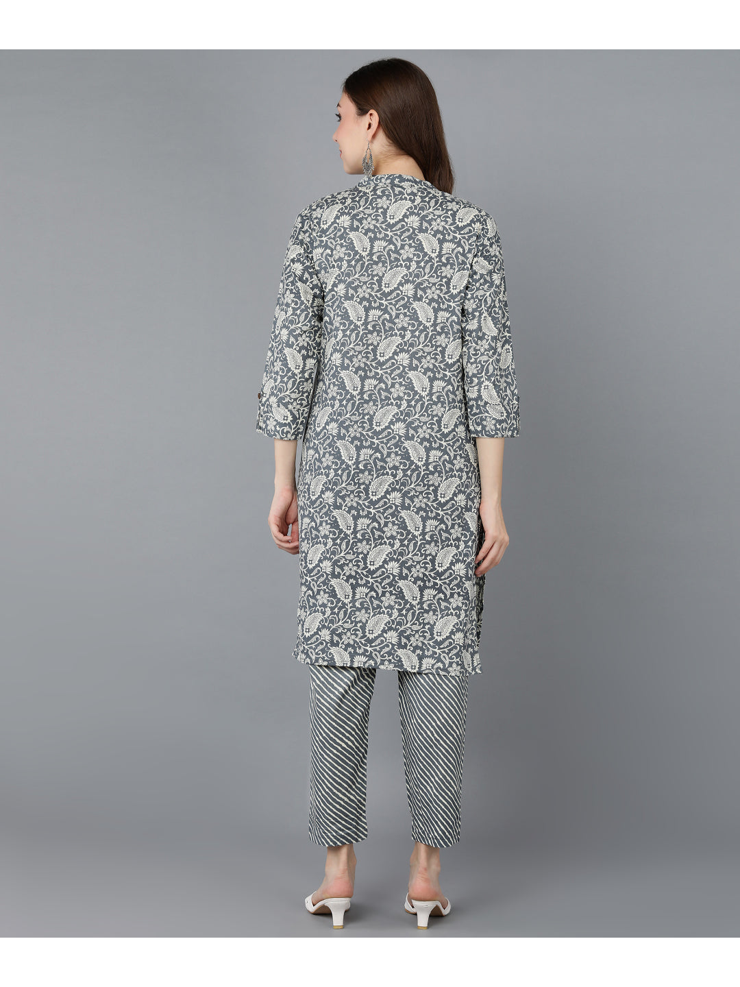 Cotton Printed Straight Kurta Set (Grey)