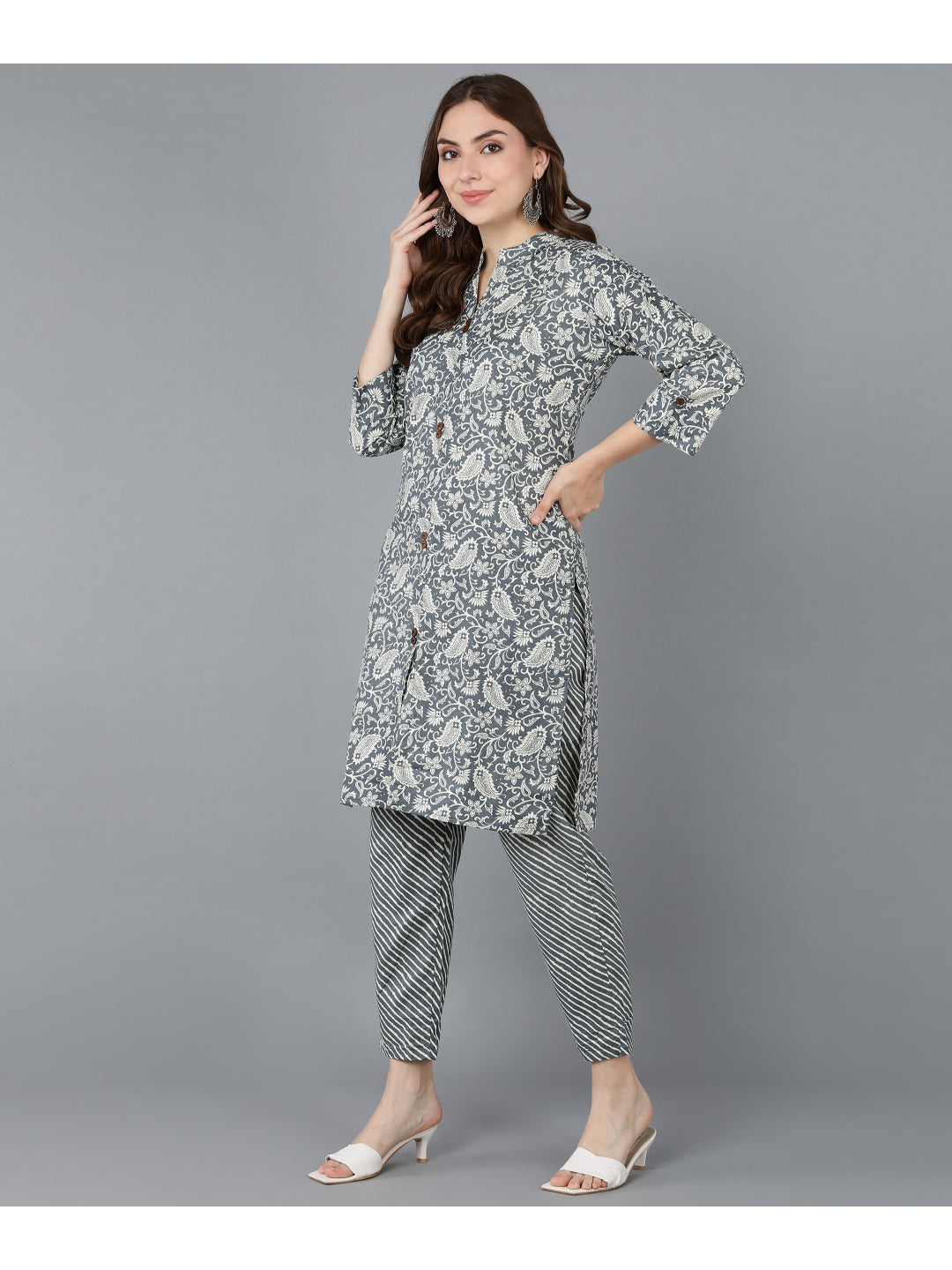 Cotton Printed Straight Kurta Set (Grey)