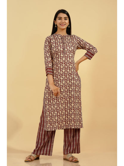 Rayon Foil Printed Straight Kurta Set (Brown)