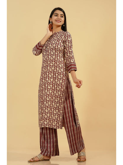 Rayon Foil Printed Straight Kurta Set (Brown)