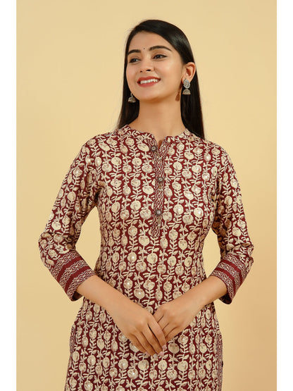 Rayon Foil Printed Straight Kurta Set (Brown)