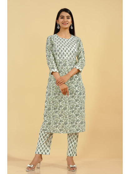 Cotton Floral Straight Kurta Set (Green And Off White)