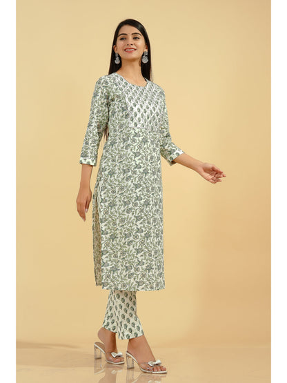 Cotton Floral Straight Kurta Set (Green And Off White)