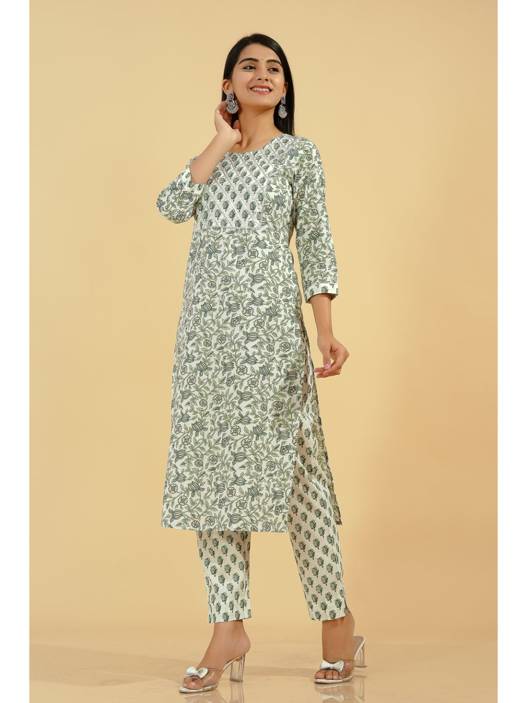 Cotton Floral Straight Kurta Set (Green And Off White)