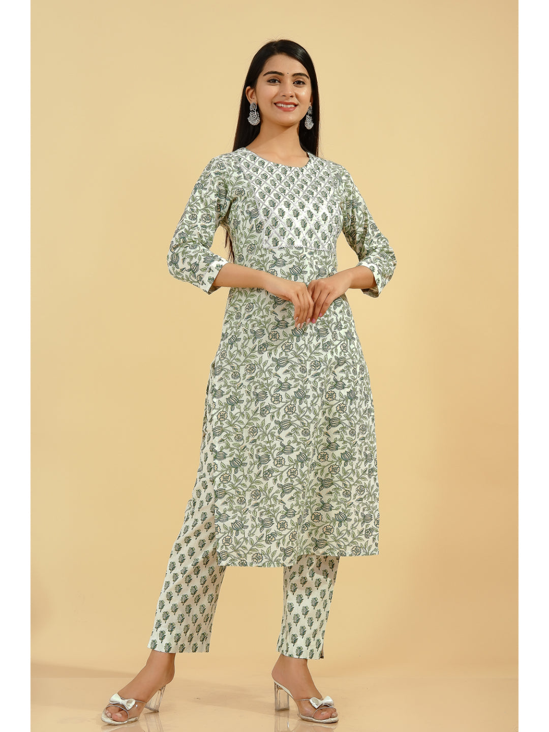 Cotton Floral Straight Kurta Set (Green And Off White)