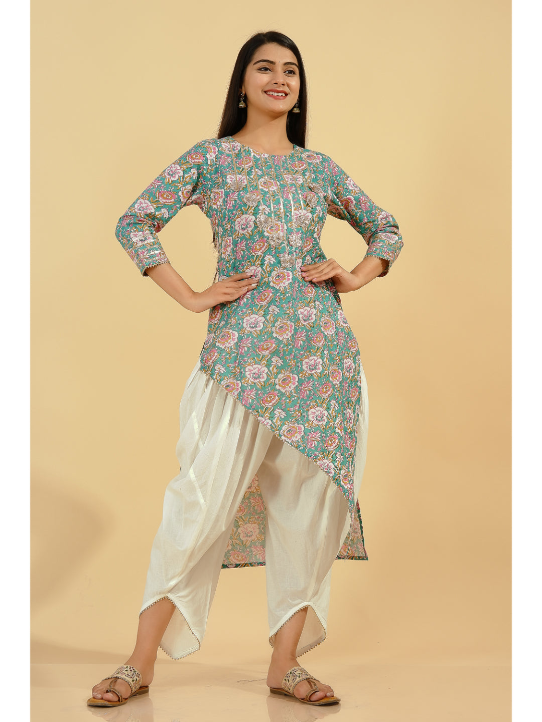 Cotton Floral Asymmetric Kurta Set (Multicolour)