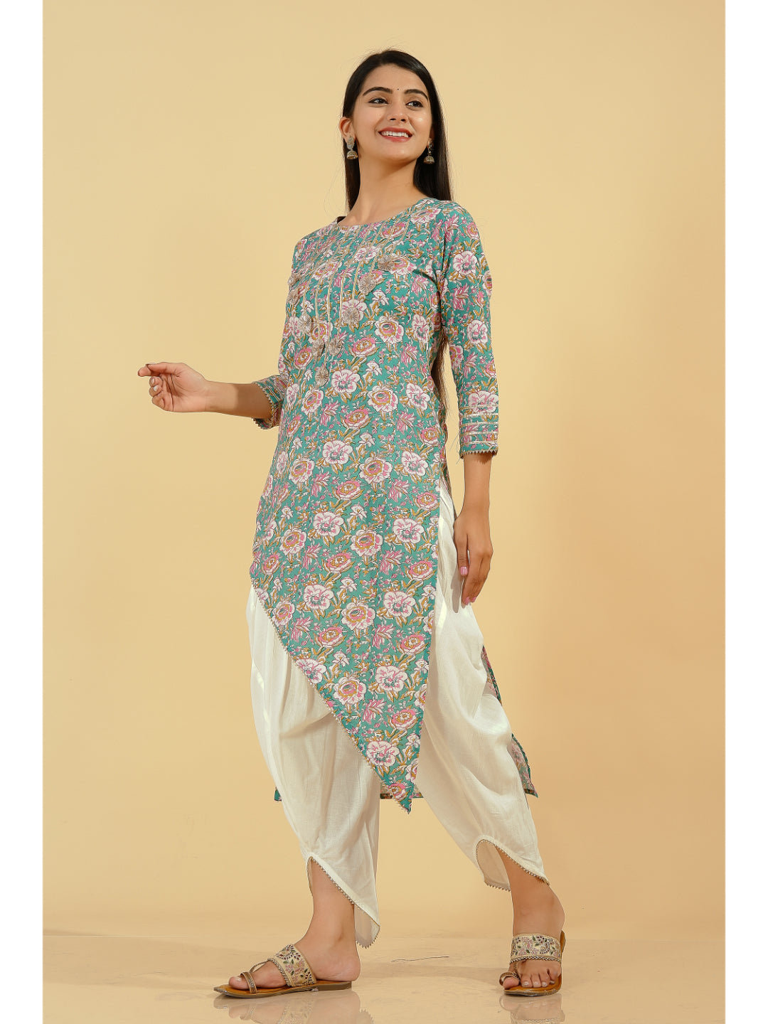 Cotton Floral Asymmetric Kurta Set (Multicolour)