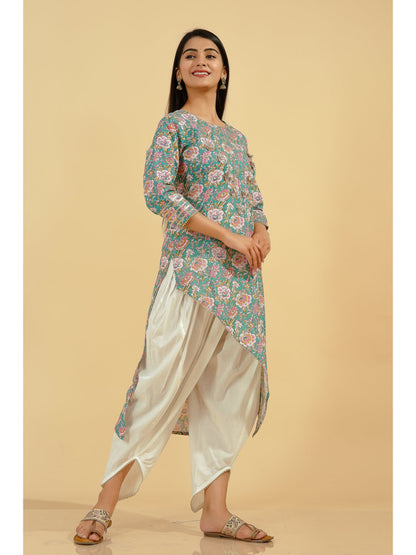 Cotton Floral Asymmetric Kurta Set (Multicolour)