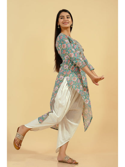 Cotton Floral Asymmetric Kurta Set (Multicolour)