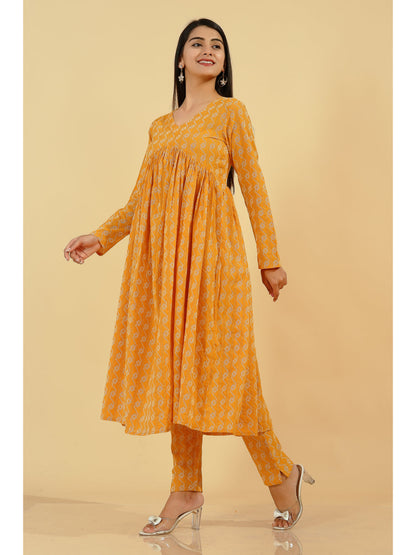 D Line Printed Flared Kurta Set (Mustard)