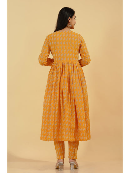 D Line Printed Flared Kurta Set (Mustard)