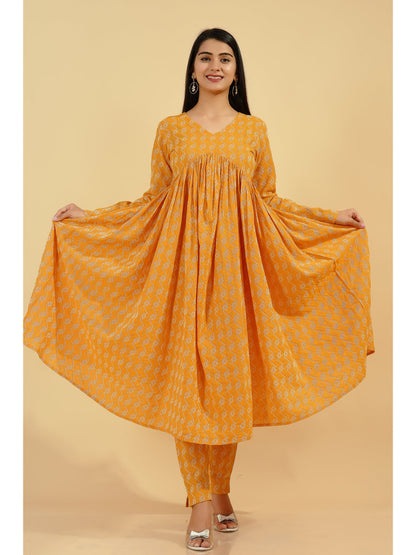 D Line Printed Flared Kurta Set (Mustard)