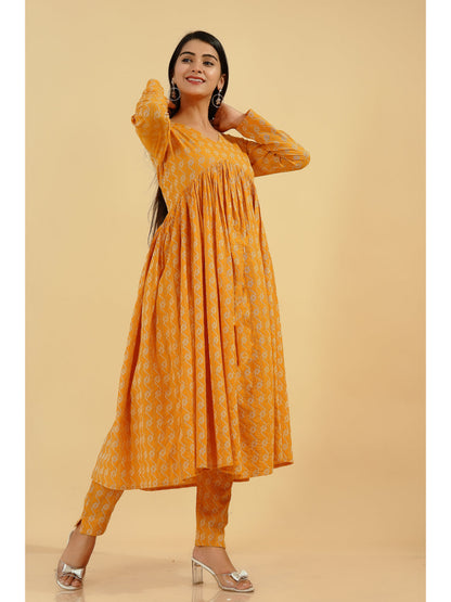 D Line Printed Flared Kurta Set (Mustard)