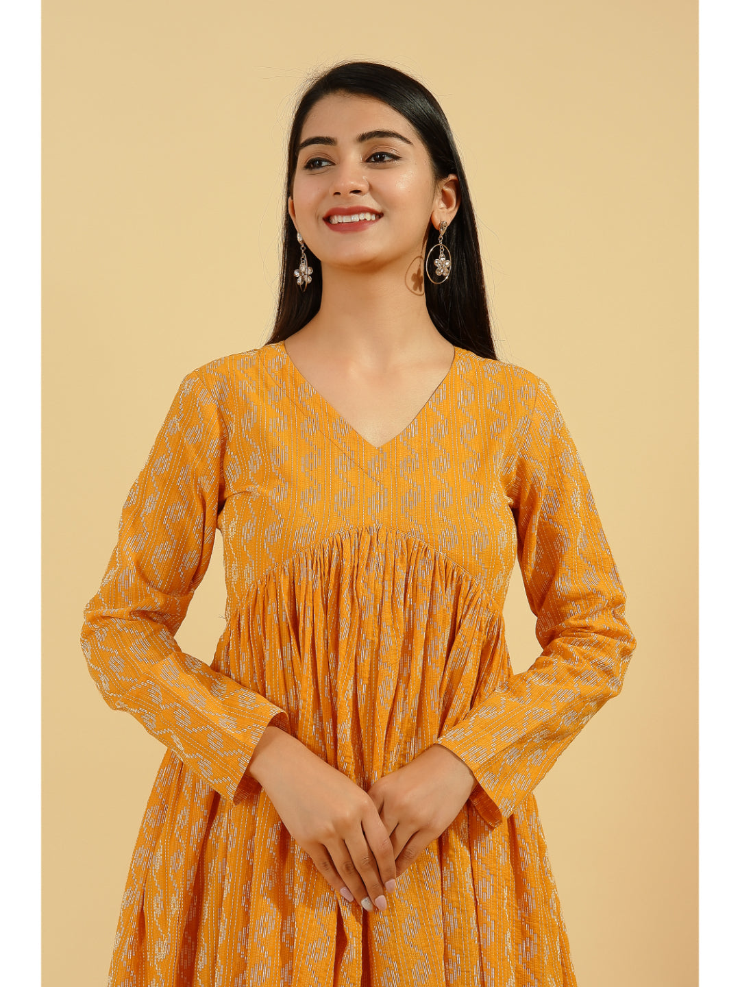 D Line Printed Flared Kurta Set (Mustard)