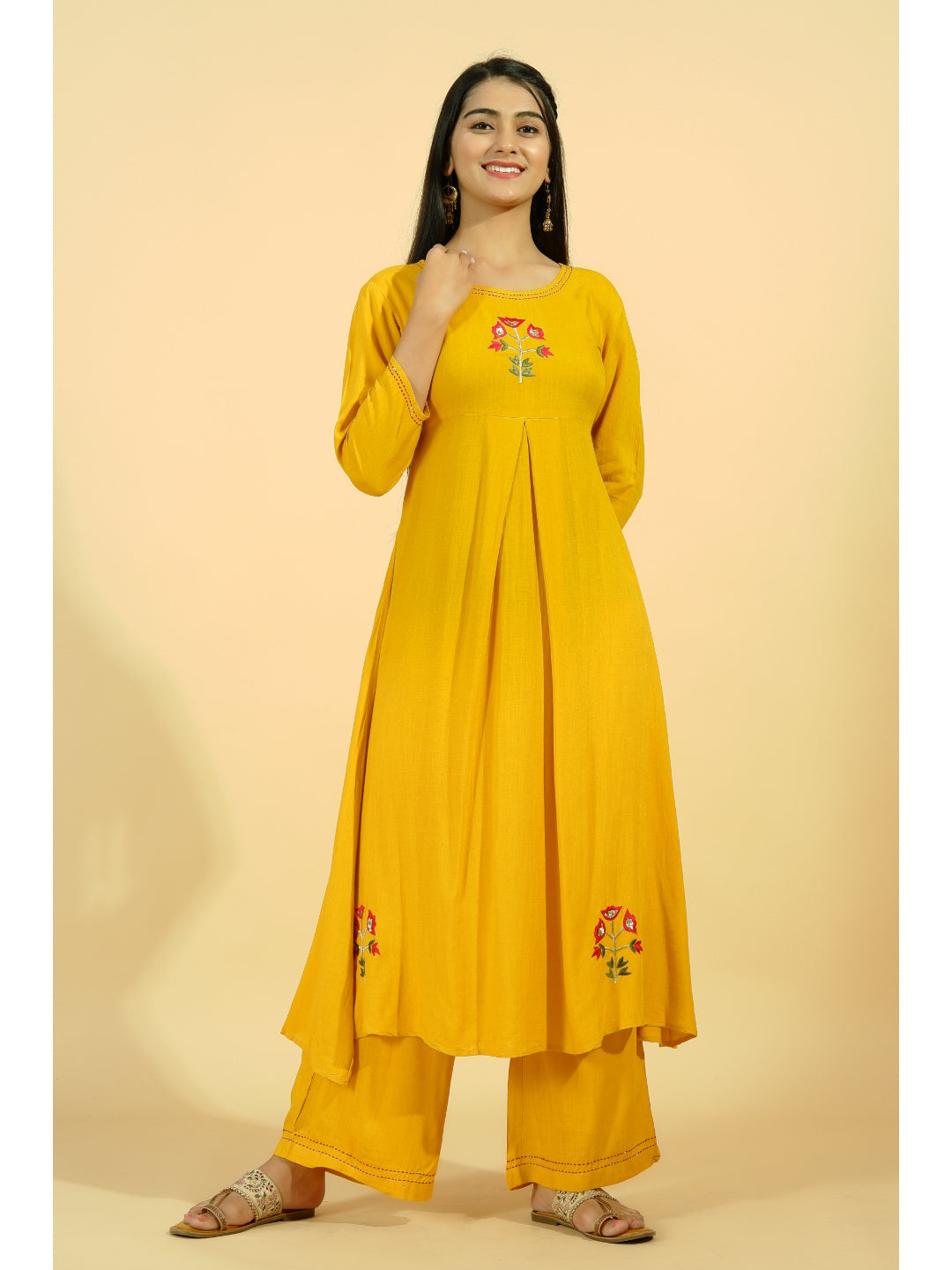 Rayon Solid Flared Kurta Set (Mustard)