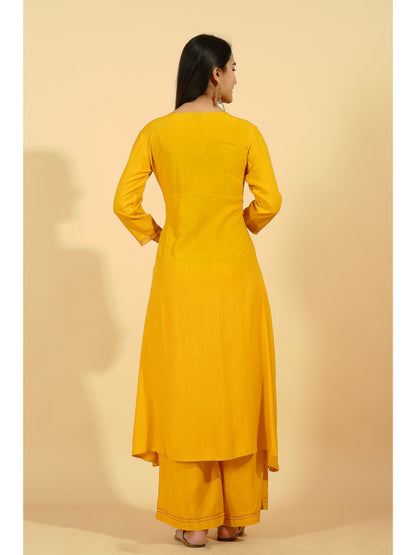 Rayon Solid Flared Kurta Set (Mustard)