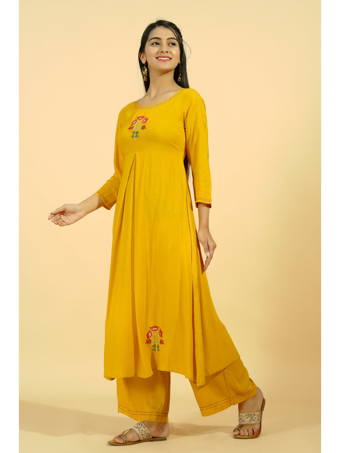 Rayon Solid Flared Kurta Set (Mustard)