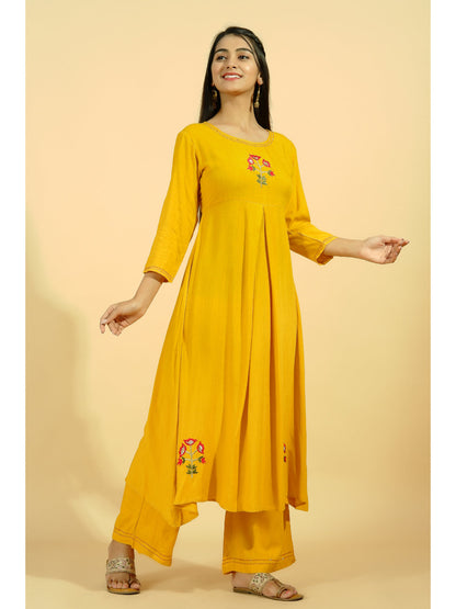 Rayon Solid Flared Kurta Set (Mustard)