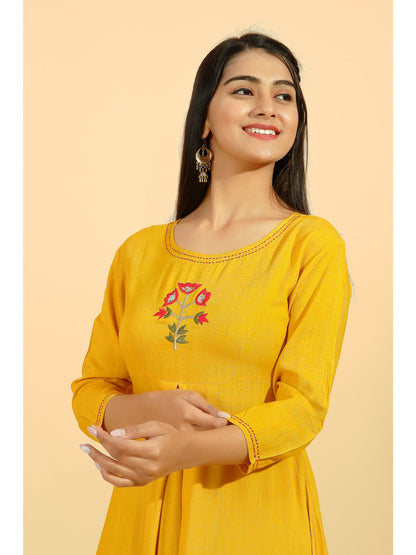 Rayon Solid Flared Kurta Set (Mustard)