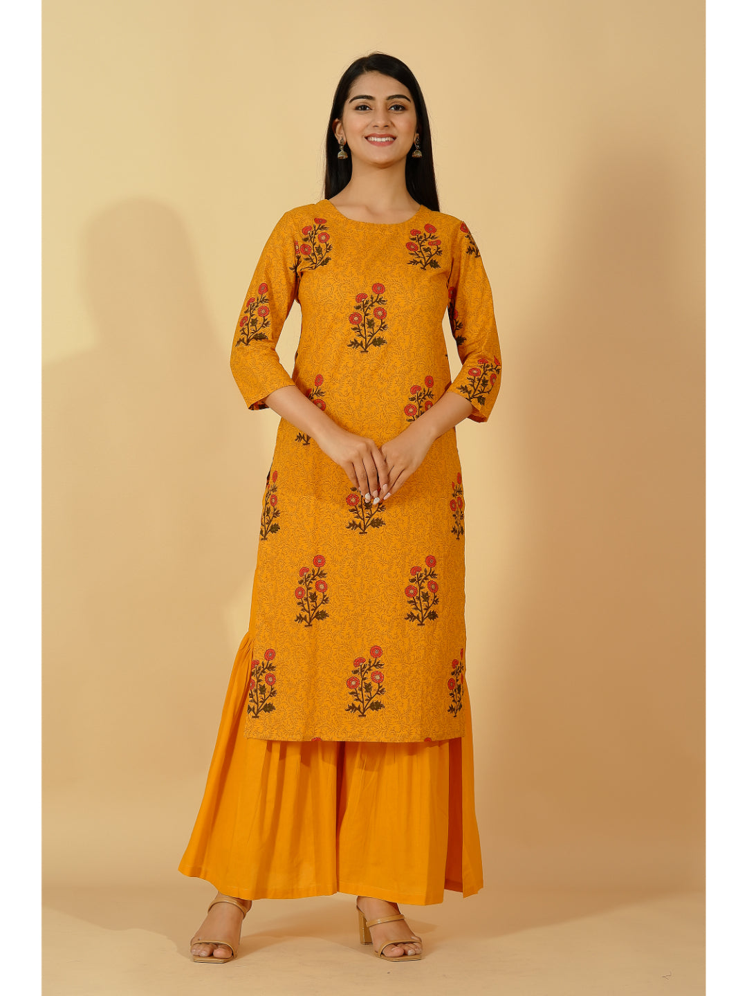 Cotton Printed Straight Kurta Set (Mustard)