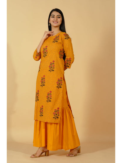 Cotton Printed Straight Kurta Set (Mustard)