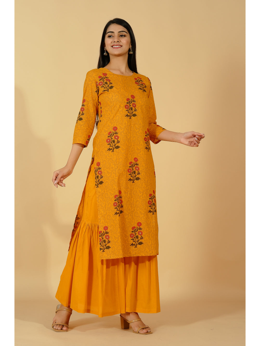 Cotton Printed Straight Kurta Set (Mustard)