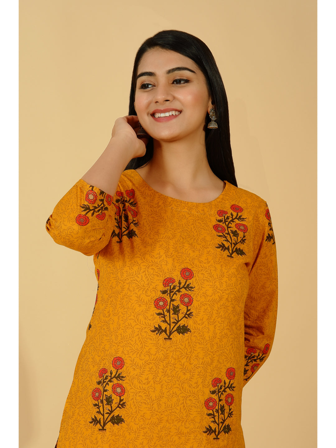 Cotton Printed Straight Kurta Set (Mustard)