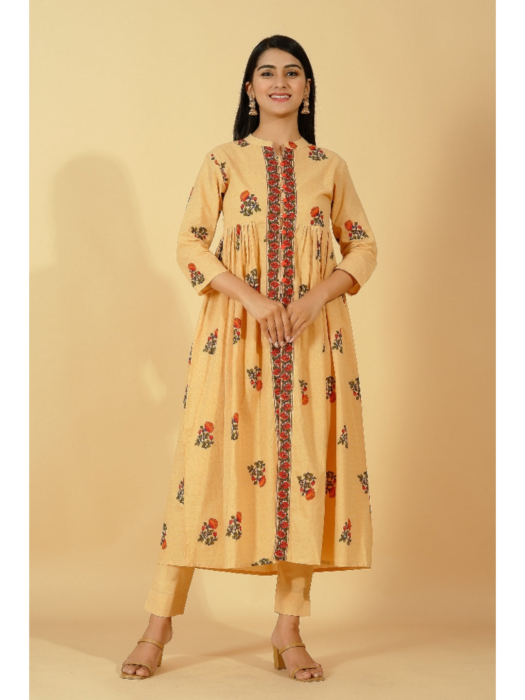 Cotton Block Print Flared Kurta Set (Beige)