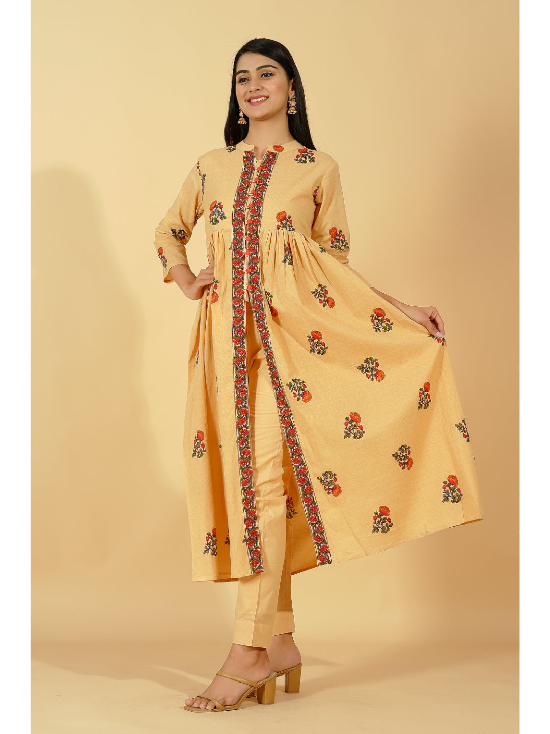 Cotton Block Print Flared Kurta Set (Beige)