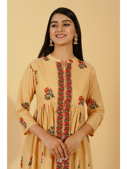 Cotton Block Print Flared Kurta Set (Beige)