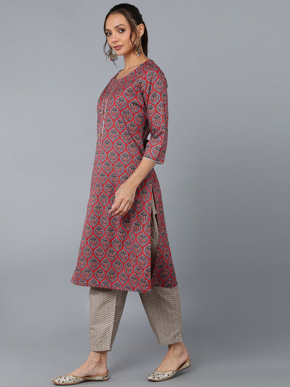 Cotton Blend Printed Straight Kurta Set (Pink)