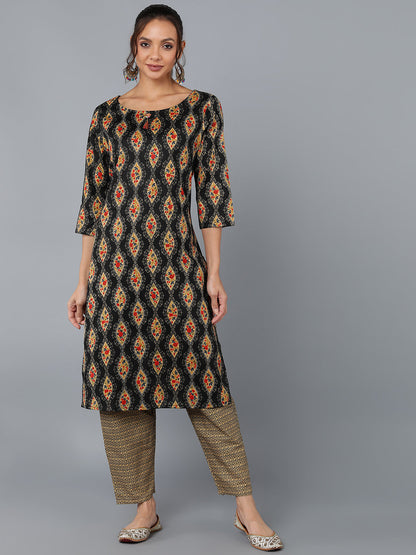 Cotton Blend Printed Straight Kurta Set (Black)