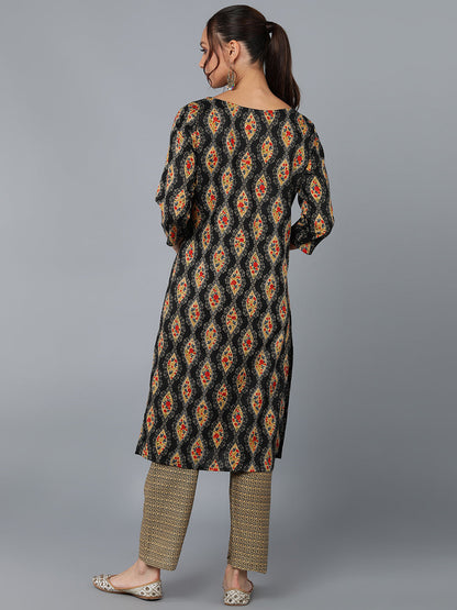 Cotton Blend Printed Straight Kurta Set (Black)