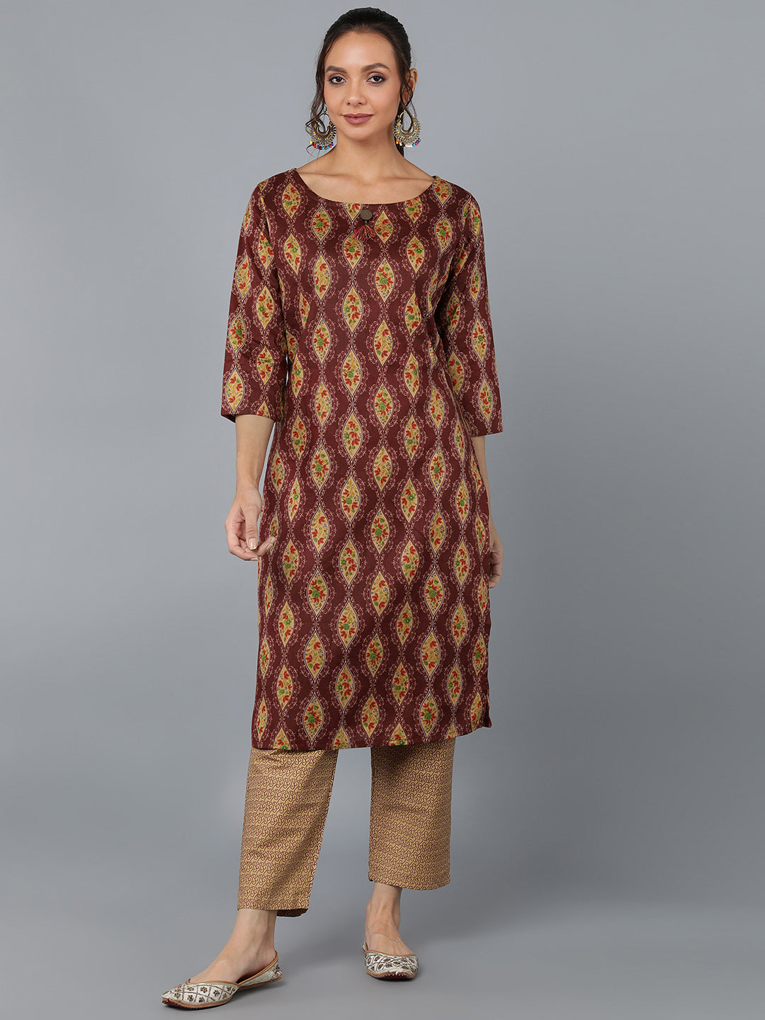 Cotton Blend Printed Straight Kurta Set (Maroon)