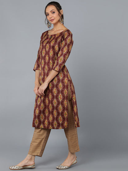 Cotton Blend Printed Straight Kurta Set (Maroon)