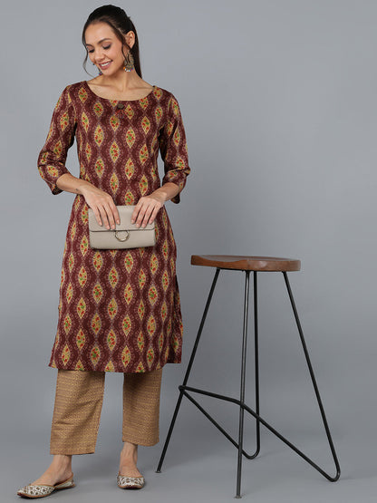 Cotton Blend Printed Straight Kurta Set (Maroon)