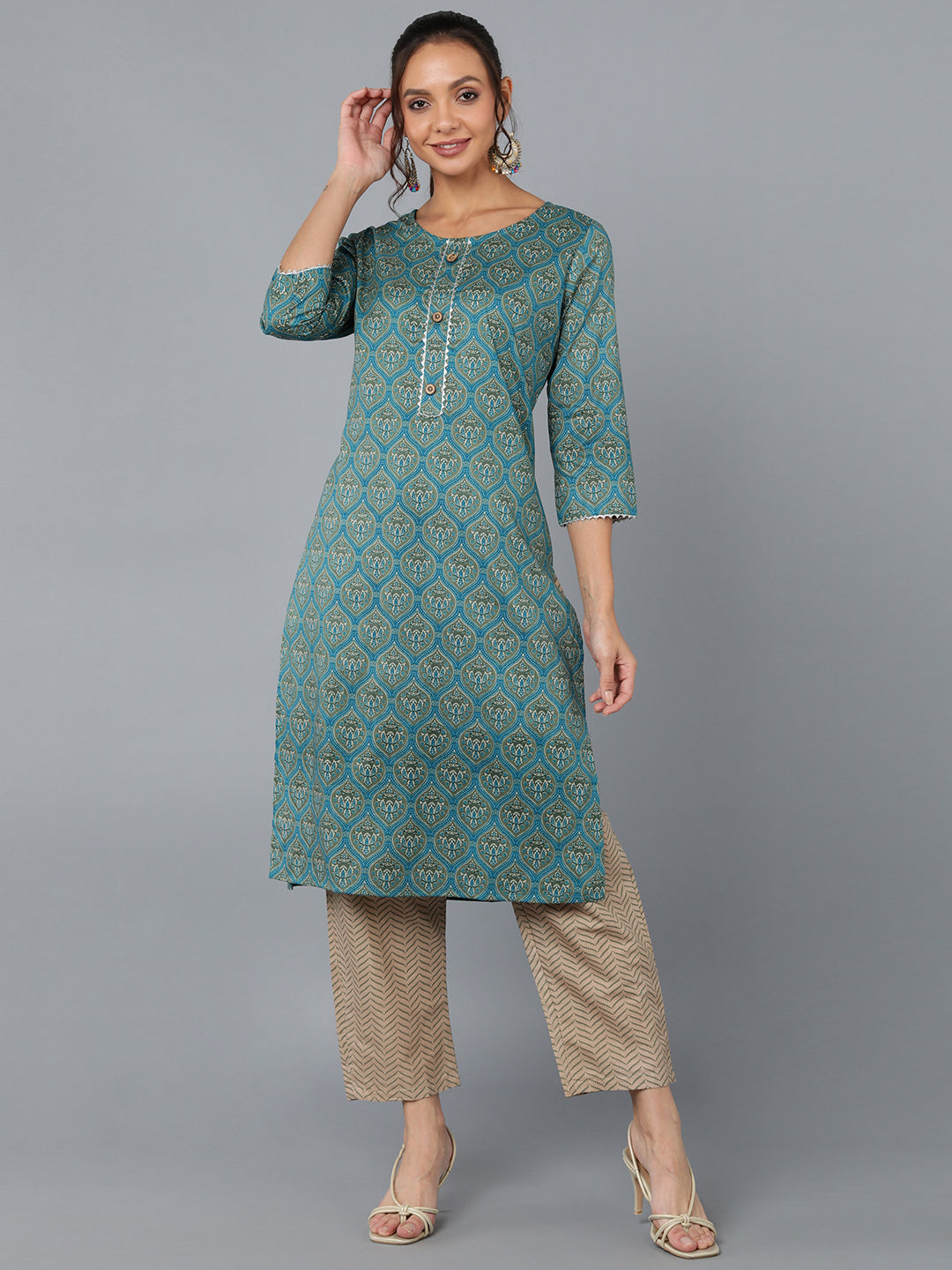 Cotton Blend Printed Straight Kurta Set (Teal )