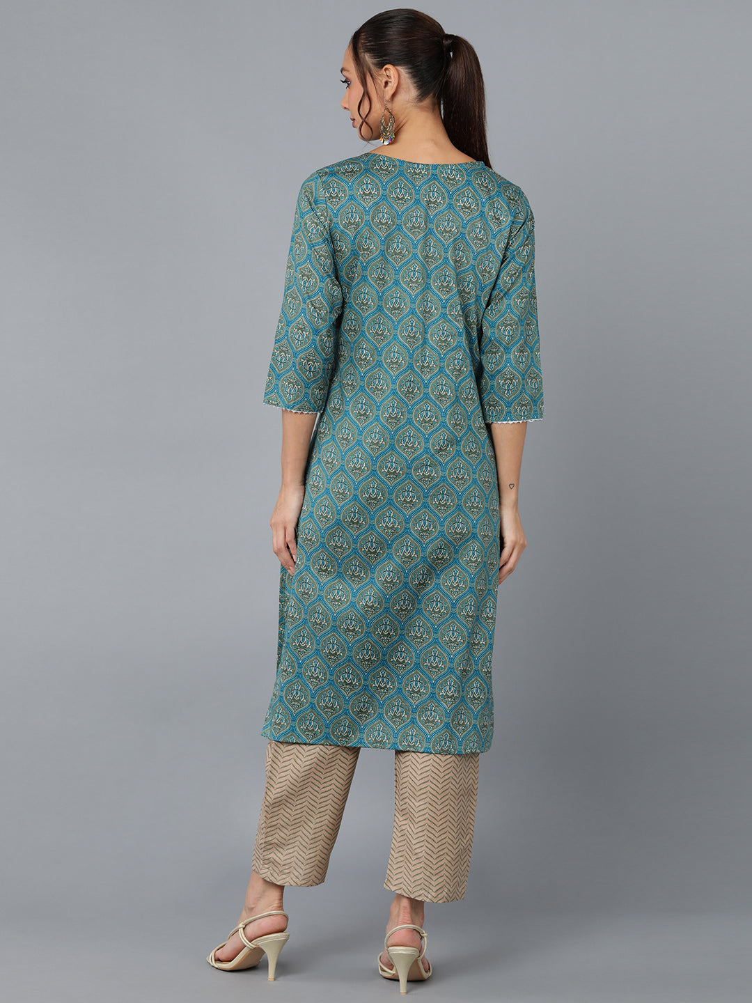 Cotton Blend Printed Straight Kurta Set (Teal )