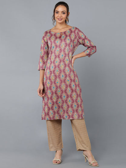 Cotton Blend Printed Straight Kurta Set (Peach)