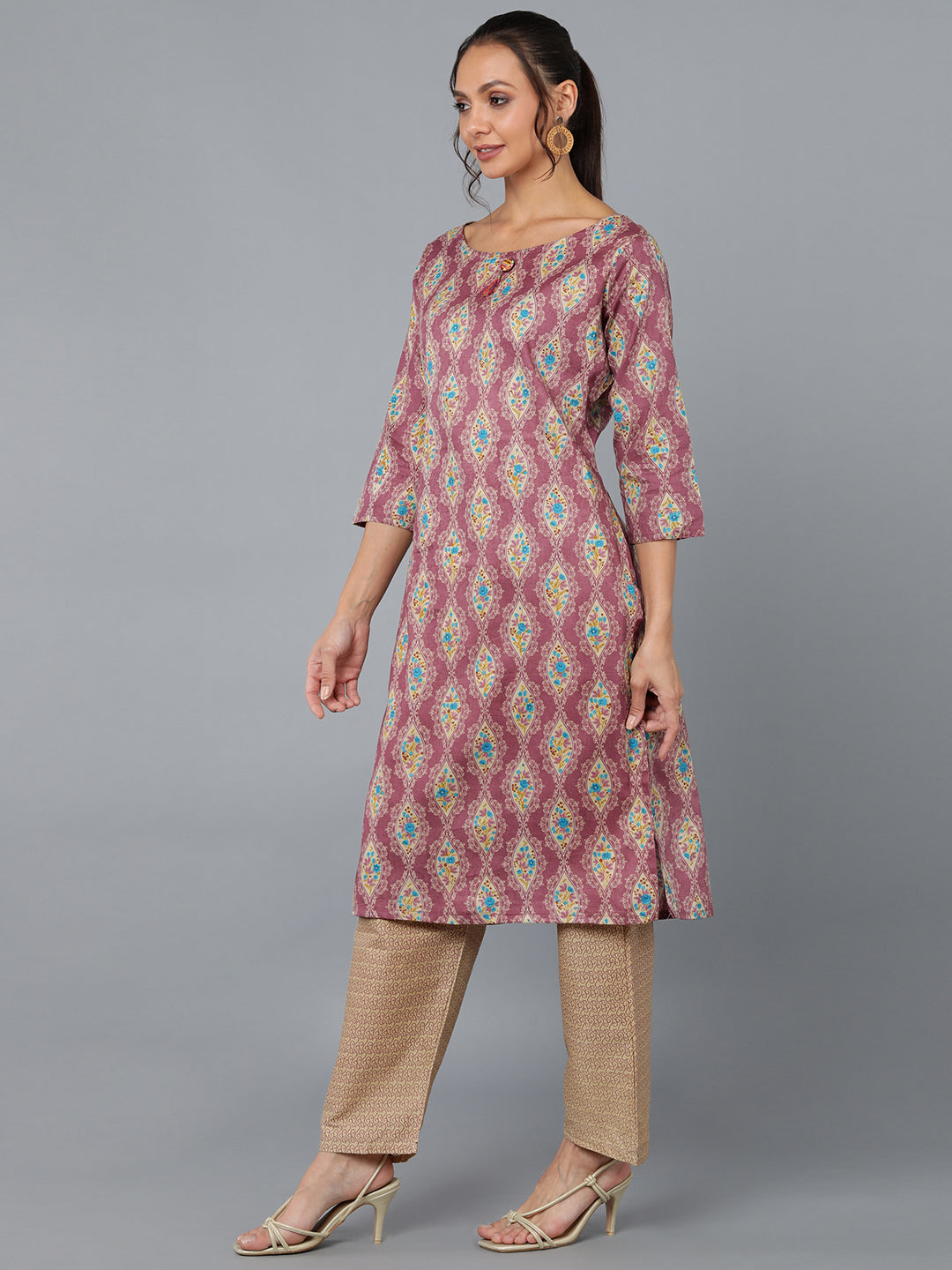 Cotton Blend Printed Straight Kurta Set (Peach)