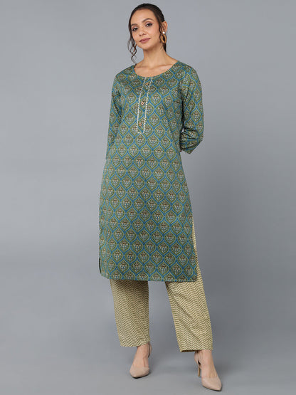 Cotton Blend Printed Straight Kurta Set (Green)