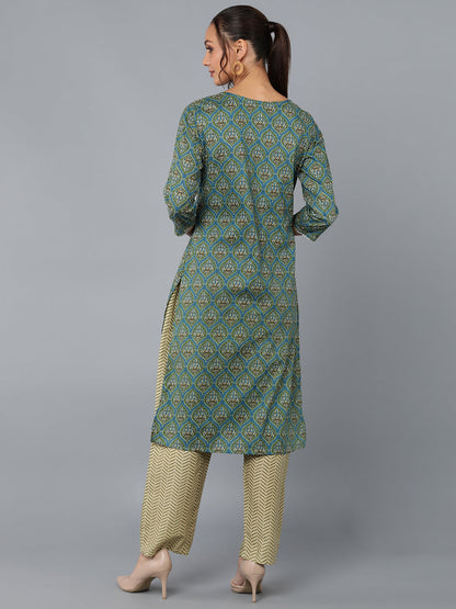 Cotton Blend Printed Straight Kurta Set (Green)