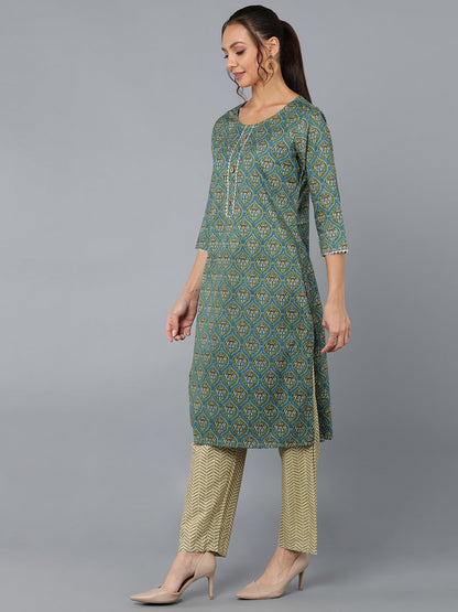 Cotton Blend Printed Straight Kurta Set (Green)