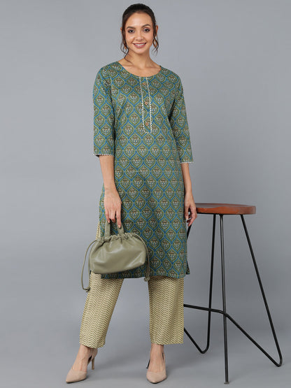 Cotton Blend Printed Straight Kurta Set (Green)