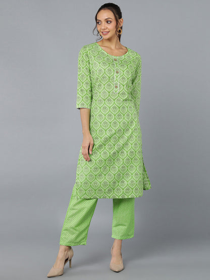 Cotton Blend Printed Straight Kurta Set (Light Green)