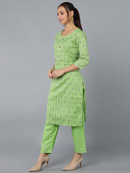 Cotton Blend Printed Straight Kurta Set (Light Green)