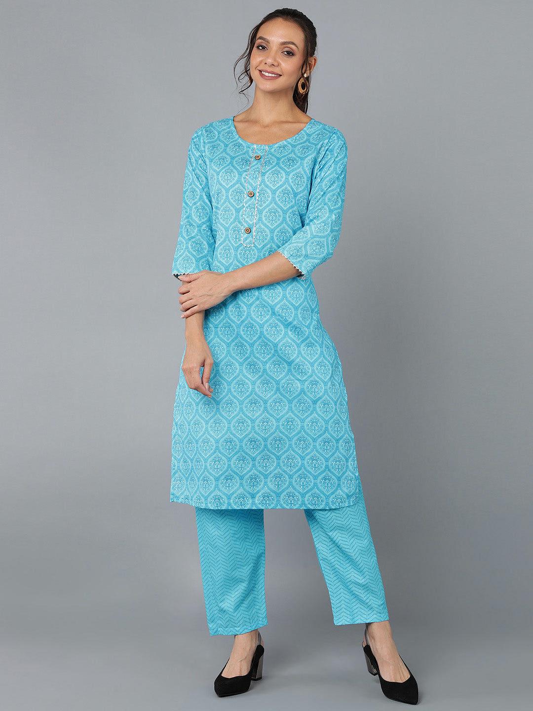 Cotton Blend Printed Straight Kurta Set (Blue)